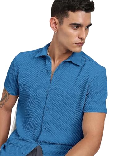 Image of Zombom Men's Poly Cotton Textured Short Sleeve Shirt | Slim Fit Casual Wear | Premium Stretch Fabric | Button Down Collar | Stylish Party Shirt for Men