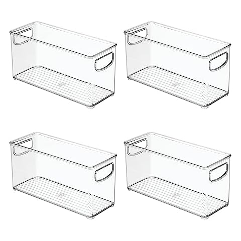 iDesign 4-Piece Recycled Plastic Small Stackable Kitchen Organizer Bin with Integrated Handles for Kitchen, Fridge, Freezer, Pantry & Cabinet Organization, The Linus Collection - 10" x 4" x 5", Clear Cover