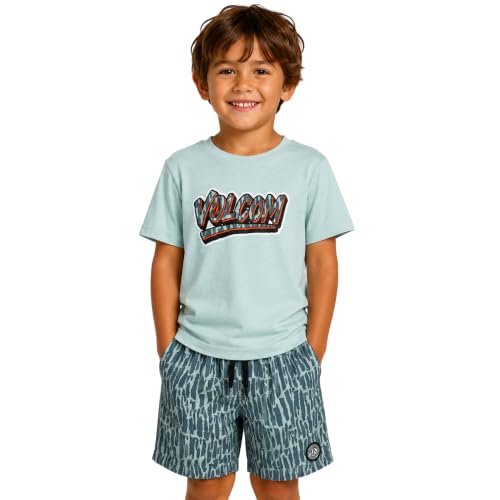 Image of Volcom Baby Boys Swim Set - 2 Piece Short Sleeve Swim Shirt Graphic Tees & Board Shorts - Infant Toddler Little Boys Swimsuit
