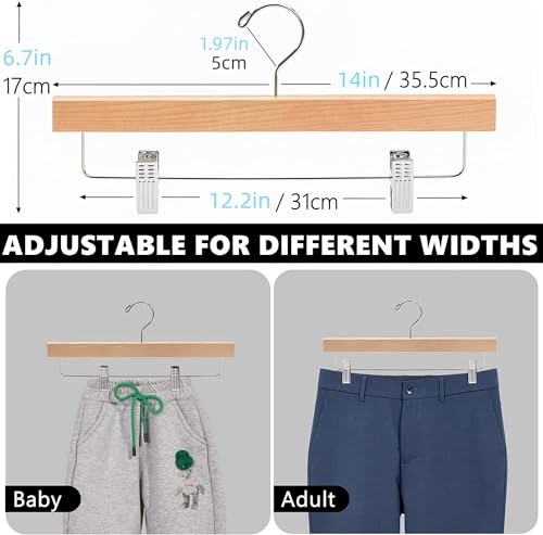 Perchas de madera para pantalones con clips ajustables, paquete de 20, organizador de ropa liso para jeans, pantalones de vestir, pantalones, diseño que ahorra espacio