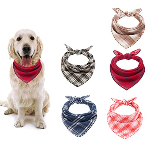 BINGPET Classic Plaid Dog Bandana - 5 Pack Washable Square Dog Kerchief Pet Triangle Bulk Scarf Cotton Bandana for Small to Large Dogs