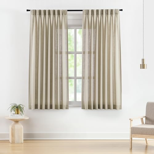 Image of Vision Home Sand Pinch Pleated Semi Sheer Curtains Textured Linen Blended Light Filtering Window Curtains 72 inch for Living Room Bedroom Pinch Pleat Drapes with Hooks 2 Panels 40 inch Wx72 L,Camel Beige