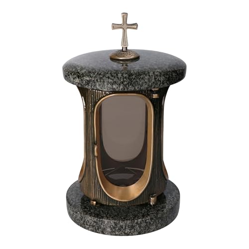 Stilvolle Grablaterne Elégant Granit Impala Black Höhe 28 cm/Ø 15 cm Grableuchte Grablicht Grablampe Granitlampe Granitlaterne Bronze mit Sockel Grabschmuck