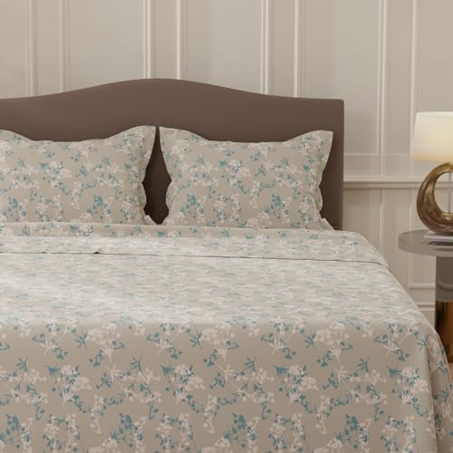 Image of Layers 100% Cotton Bedsheet for Double Size Bed | Lumina Floret Collection | 144 TC Soft & Breathable | Floral Print with 2 Pillow Covers | Wrinkle Free & Colorfast | 3 Piece Bedding Set - Grey