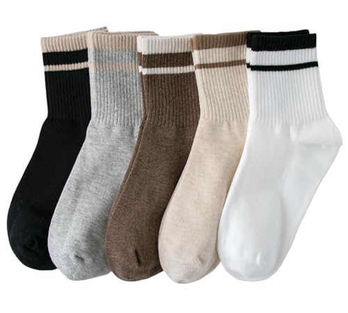 Image of Deeorla Womens Striped Crew Socks Brown Vintage Retro Athletic Socks 5 Pairs