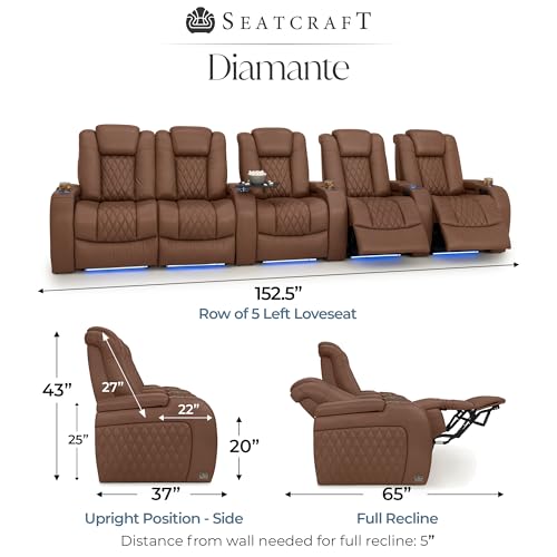 Image of Seatcraft Diamante Tobacco Italian Leather Home Theater Seating, Zero Gravity Power Recliner Gaming and Home Office Chair Powered Headrest Lounge Sofa Furniture for Cinema Room Row of 5 Left Loveseats