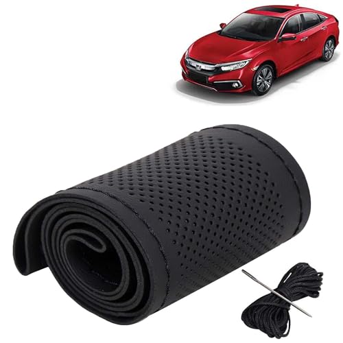 Image of KINGSWAY PU Leatherite Car Steering Cover Sewable Compatible with Honda Civic (Year 2019 Onwards), Black Color with Black Thread, Pack of 1 with Sewing Needle and Thread