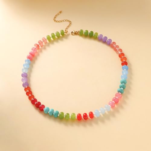 Bubble Beaded Necklaces for Women, Letter Boho Rainbow Colorful Natural Stone Summer Necklace for Women, Gold-Plated Initial Necklace2