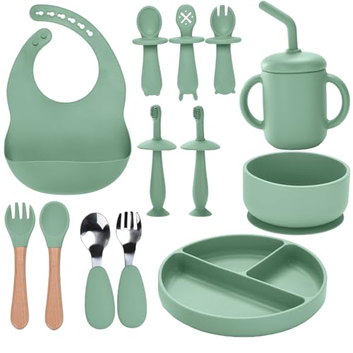 Image of Silicone Baby Feeding Set,13PCS Baby Feeding Essentials with Suction Bowl and Plate,Spoons & Forks,Bib & Cup,Baby Toothbrush,Baby Led Weaning Supplies for 6+ Months,Baby Eating Essentials(Light Green)