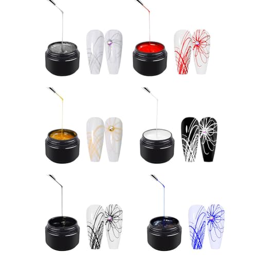6pcs Colors Spider Gel,Painting Elastic Drawing Spider Gel,Elastic Silk Drawing Nail Gel Long Spider Nail Polish Fake Nails Phototherapy for Women DIY Nail Art Manicure Glue