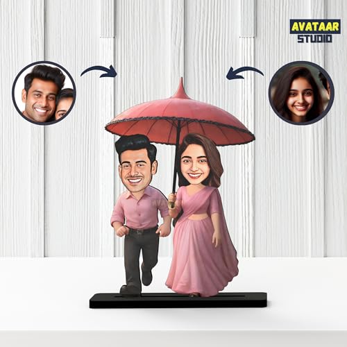 Image of Wood Rectangular Personalized Caricature Gift for Couple, 7 Inches, Tabletop Multicolor, Art Deco Style (Couple 8)