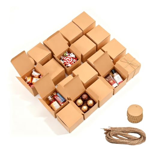 50 Piezas Caja Kraft Fácil, Ensamblado Cuadrada Presentación 5 x 5x 5 cm, con Cuerda de Cáñamo y Etiqueta, Cajas de Cartón Kraft, para Regalos, Fiesta, Cumpleaños, Boda