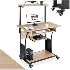 tectake® Bureau sur roulettes avec étagères et tiroir à Clavier, 80 x 65,5 x 130,5 cm, Table de Bureau, Bureaux Ordinateur Meuble pc Table de Travail Meuble Ordinateur Desk Teletravail, Bois Clair