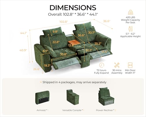 Image of 102.8'' Loveseat Power Recliner Sofa with Headrest, Oversized Cloud Modular Sectional Reclining Couch with Table, Storage Drawer, Charging, 2-Seater for RV Home Theater, Chenille, Green