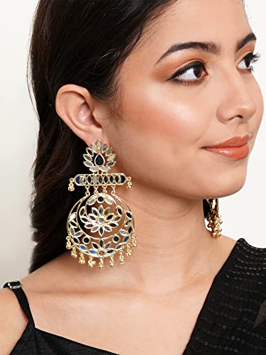 Karatcart Gold Plated Floral Design Mirror Work Long Dangler Earrings for Women - Image 3