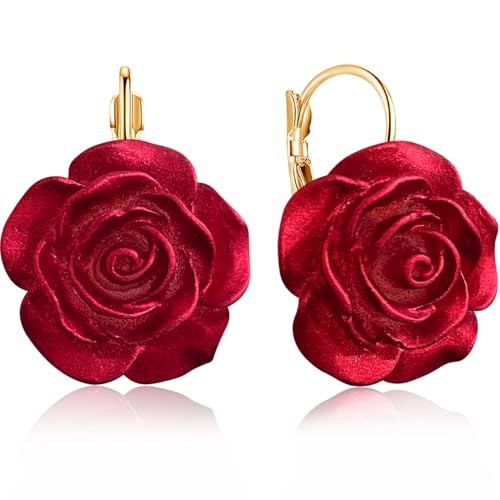 Hanavigar Sparkly Vintage Resin Rose Flower Camellia Leverback Dangle Drop Earrings for Women Lover (Red)
