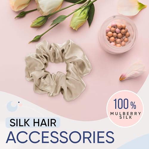 Image of Blissy Silk Scrunchies (3 Pack) - 100% Pure Mulberry Silk - 22 Momme 6A High-Grade Fibers Scrunchie for Straight & Curly Hair - Preventing Breakage, Tangling, & Creasing (Champagne Skinny)