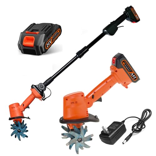 Motoazada Electrica, 21V Motocultor Electrico Sin Cable, 235RPM, 2 en 1 Portátil y Mango, Anchura/Profundidad de Trabajo 10 cm, Motoazada con Baterías y Cargadores para Huerto, Jardín, Cultura