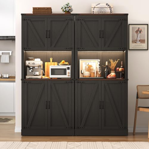 Image of 72 inch Tall Farmhouse Kitchen Pantry Cabinet with LED Light and Power Outlet,Modern Farmhouse Kitchen Storage Cabinet w Load-Bearing Steel Pipe,Barn Doors, Organizer,Food Pantry Cabinets(2PC Black)