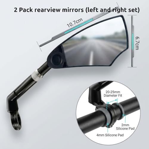 aLLreLi Bike Mirror Pair (2 Mirrors) with Extendable Arm (5.9–7.9 in / 15–20 cm), HD Convex Glass Rear View Mirror, 360° Rotatable Mirror for Bicycles & E-Bikes, Fits 20–25 mm Flat Handlebars - image 2