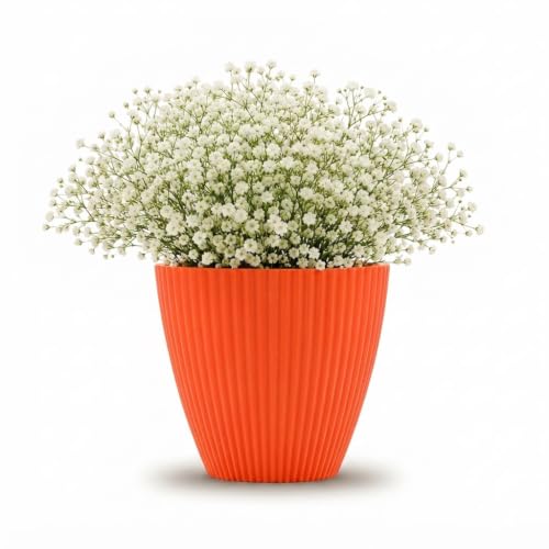 Image of Orange Plastic Flower Pot for Indoor & Outdoor Plants | Decorative Round Planter | Lightweight Garden Pot