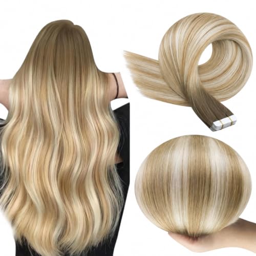 Full Shine Tape In Extensions Human Hair, Brown Blonde 18 Inch