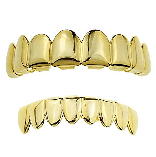Best Grillz 14K Gold Plated 8/8 Set Eight Tooth Top 8 Bottom Plain Hip Hop Teeth Grills