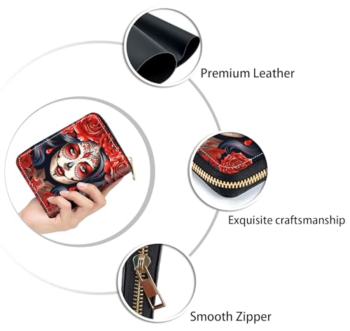 Credit Card Holder Wallets for Women, Sugar Skull Girl Rose Design RFID Blocking Small Leather Card Case Wallet Zipper Accordion Wallets4