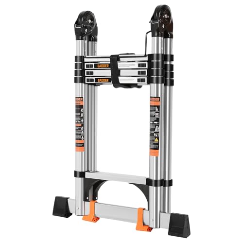 Telescoping Ladder 12.5 FT A Frame, Extension Multi-Purpose with Balance Bar Heavy Duty 330 lbs Max Capacity for Home and Outdoor Work, Silver