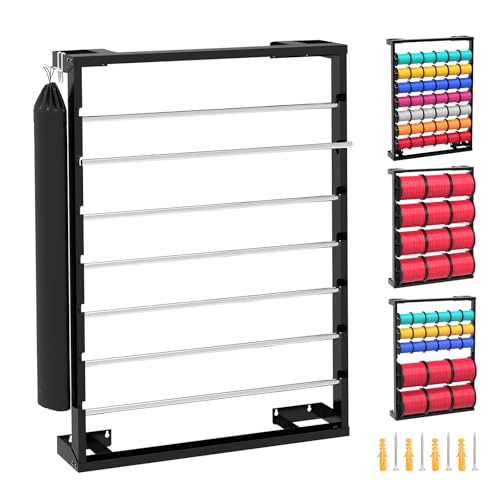 Heavy Duty Wall-Mounted Wire Spool Rack with 7 Adjustable Stainless Steel Rods Cable Reel Holder and Dispenser Includes Steel Pipe Storage Bag & 10 Hooks for Electrical and Industrial Use (Black)