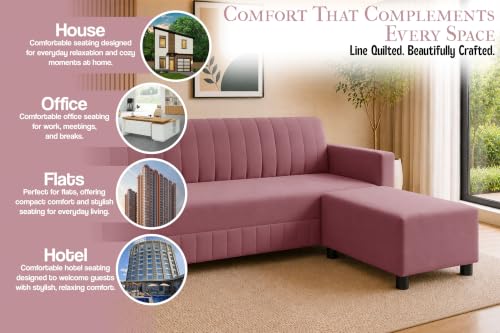 Image of Deco Studio 3 Seater Wooden Sofa with Ottoman | Modern Sofa Set for Living Room | Stylish Home Furniture Sofa with Comfortable Seating-Rose Pink