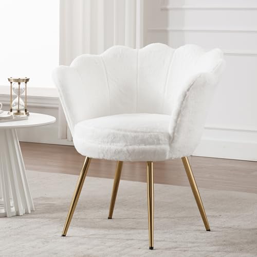 chairus Fauteuil de Salon Moderne Chaise Coquillage avec Pied Métal Fauteuil Coiffeuse Coussin Confortable pour Chambre/Salon (Blanc)