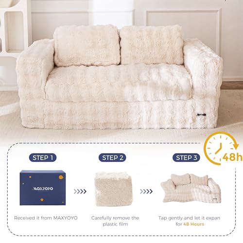 Image of MAXYOYO Loveseat Sofa Couch, Upholstered Bean Bag Chair Cloud Seat for Adults, Boneless Couch with Cushion & Pillows, Sofa in A Box, No Assembly Required, Bubble Beige, 2-Seat