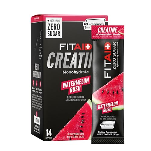FITAID Creatine Monohydrate Powder Watermelon Rush Flavor 14 Single-Serve Packs Pure Creatine for Women & Men Pre Workout Supplement for ATP Easy-Mix Zero Sugar Creatina Monohidratada