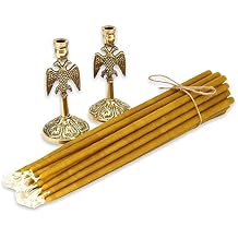 Set of 2 Eagle Design Brass Candle Holders and 20 Pure Beeswax Church Candles, Orthodox Tapers, Byzantine Candlestick, Home Altar