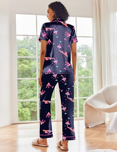 Image of Ekouaer 2 Piece Satin Short Sleeve Pajamas Set Button Down Sleepwear | Soft Pjs Set Classic Loungewear for Wedding, Party, Home, Daily Wear, Date Nights