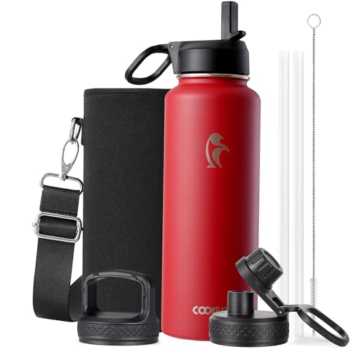 Image of Coolflask 40 oz Water Bottle Insulated with Straw & 3 Leakproof Lids