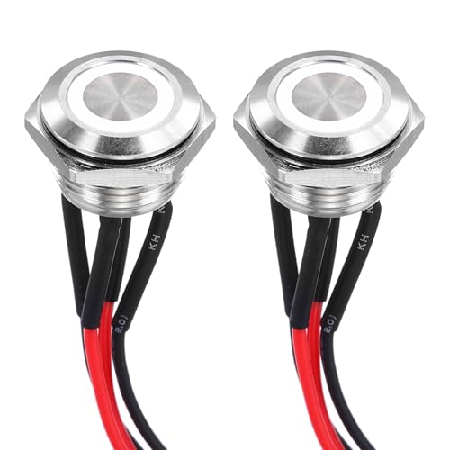 DMiotech 16mm / 5/8 Stainless Steel Momentary Push Button Switch Flat Head 3A 12-24V Silver Shell with Pre-soldered White LED Ring Light 1NO, 2Pcs