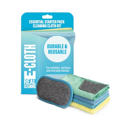 E-Cloth Essential Starter Pack - Microfiber Cleaning Cloth Kit Window Glass & Kitchen Cleaning Towels Washing up Pad Streak Free & Shiny Finish Cleans with Just Water Machine Washable Reusable