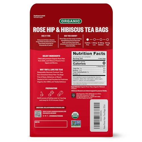 Image of FGO Organic Rosehips Tea, 20 Count, Eco-Conscious Herbal Tea Bags, Resealable Bag, Caffeine Free, Packaging May Vary (Pack of 1)