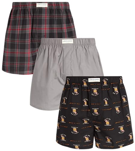 Life is Good Men’s Boxer Briefs - 3 Pack Cotton Woven Boxers with Fly Opening - Breathable Underwear Boxers for Men (S-XL)