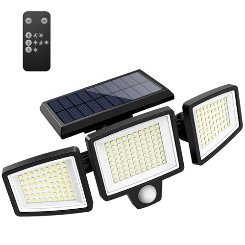 Tuffenough Solar Outdoor Lights 2500LM 210 LED Security Lights with Remote Control,3 Heads Motion Sensor Lights, IP65 Waterproof,270° Wide Angle Flood Wall Lights with 3 Modes(1 Packs)