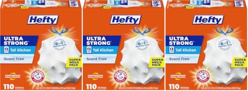 Image of Hefty Ultra Strong 13 Gallon Trash Bags, Tall Kitchen Trash Bags 13 Gallon Size, Drawstring Closure, Continuous Odor Control, White, Unscented, 110-Bags (Pack of 3)