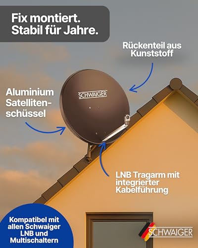SCHWAIGER Satellitenschüssel Komplettset - Ø 80 cm Aluminium Offset Antenne in Anthrazit - Inkl. Quad LNB 4-Fach - Digital HD & 4K Empfang - Integrierte Kabelführung & wetterfest