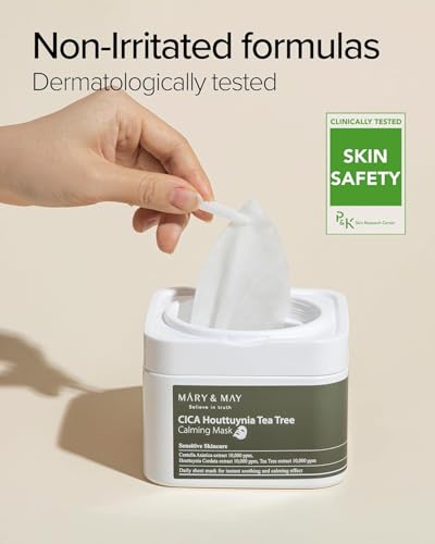 Image of Mary&May CICA Heartleaf Tea Tree Calming Mask, 30 Sheets Pull-Out | Korean daily soothing sheet mask, centella + heartleaf + tea tree 10,000ppm each for oily, sensitive, redness-prone skin