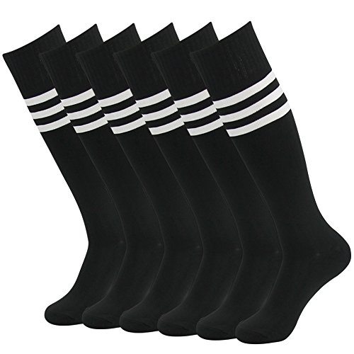 Black Soccer Socks,3street Unisex Over Knee High Travel Sport Soccer Football Long Knee High Tube Socks Over Calf Back to School Game Team Baseball Hockey Socks Black 6-Pairs,7-13