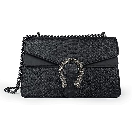 JBB Bolsas de ombro transversais femininas de couro com estampa de cobra e alça de corrente pequena, Cobra preta, Small