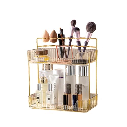 Makeup Organizer For Vanity,2-layer Tabletop Makeup Organizer,Large Capacity Cosmetic Display Case,Skin Care Organizer,Waterproof and handy Makeup Holder (Amber 2-layer)