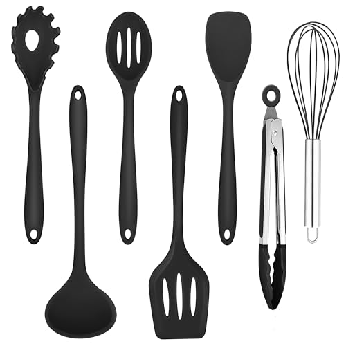 Homikit Küchenhelfer Set, 7 Stück Schwarz Silikon Küchenutensilien Kochbesteck Set, Antihaft Hitzebeständiger Kochutensilien mit Pfannenwender zum Kochen, Backen, Gesund/Spülmaschinenfest