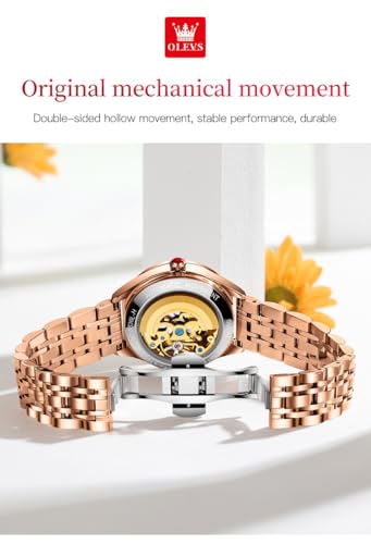 Image of OLEVS Watches for Women Automatic Ladies Watch Mechanical Leather Strap Self-Winding Diamond dial Waterproof